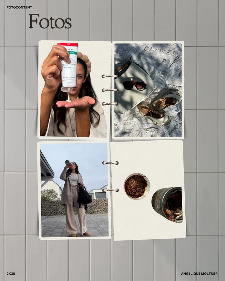 Fotocollage: Creme auf der Hand, Tasche mit Sonnenbrille, Outfit draußen, Kakaopulver